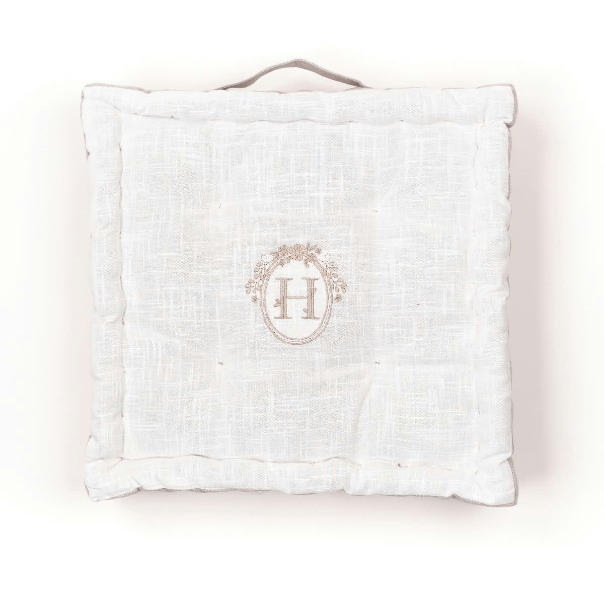 CHARME - Coussin de sol avec broderies en coton beige 40x40x10