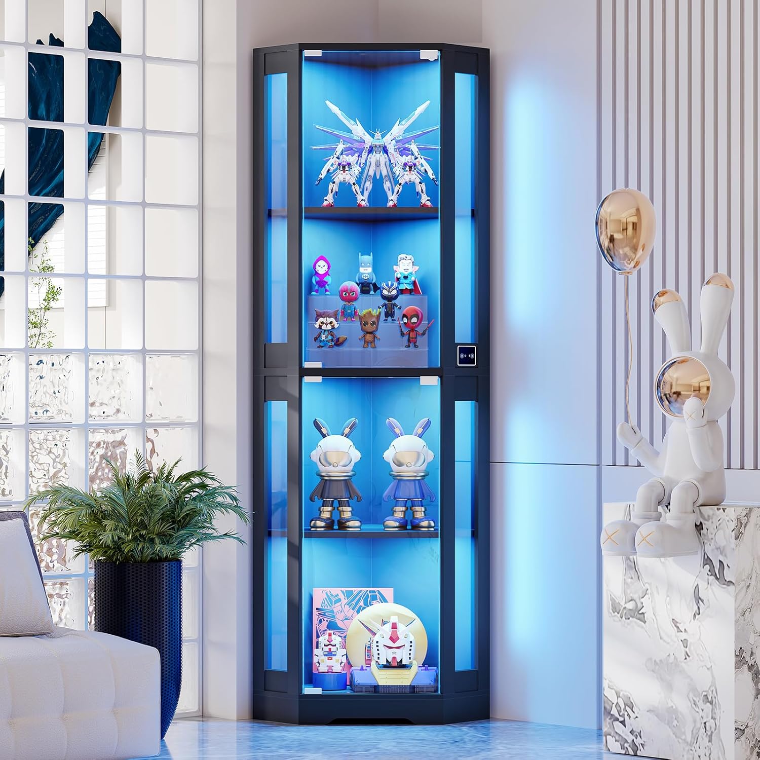 65 Corner Glass Display Cabinet with LED Lights, 4-Tier Showcase Display Case with Glass Doors & Human Body Sensor for Collectibles, Liquor, Black