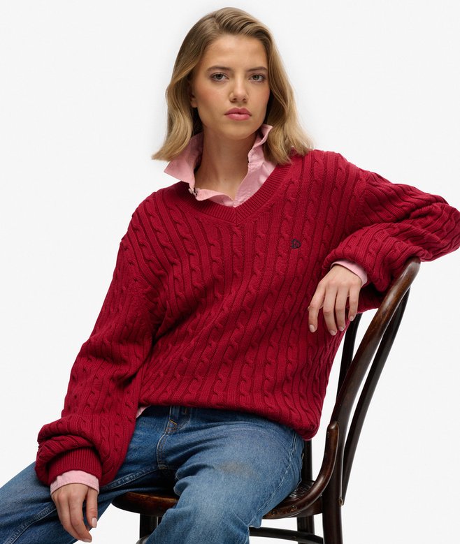 Oversized V Neck Cable Jumper