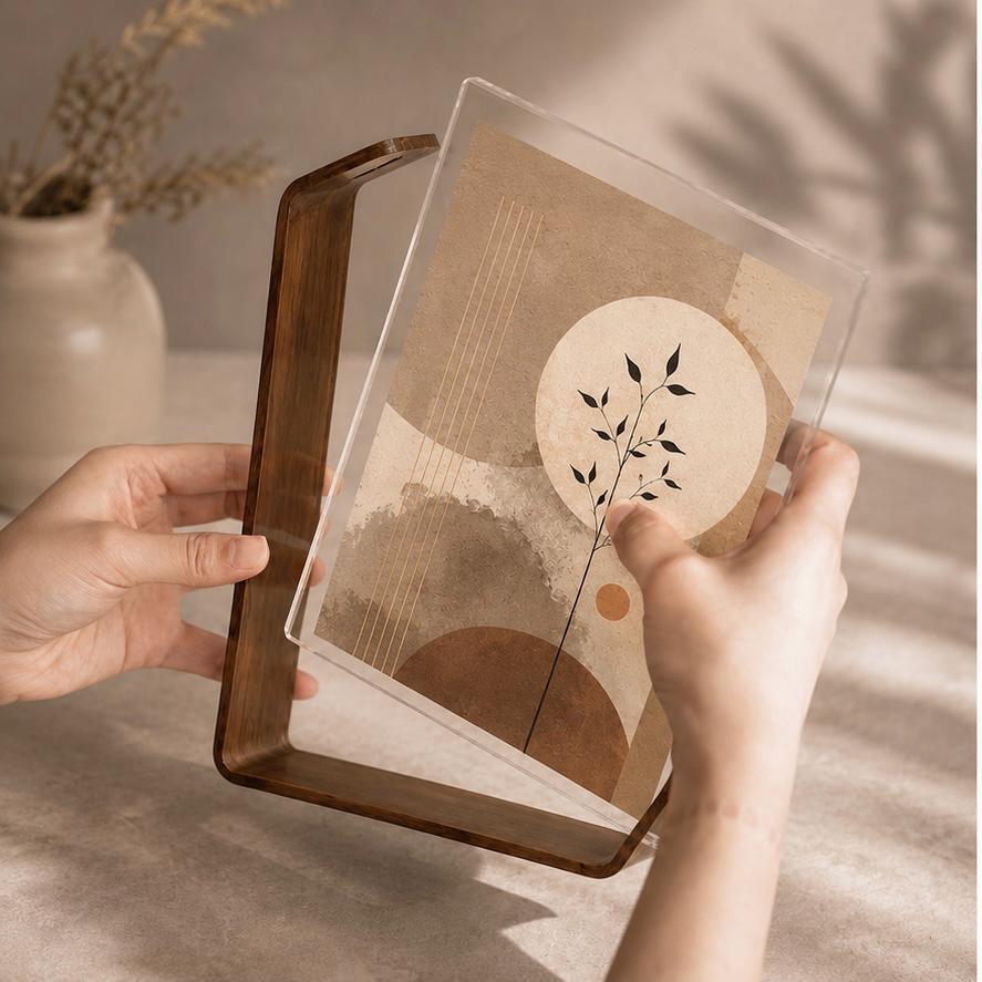 Walnut Color Photo Frame | Clear Acrylic Floating Picture Frame | 4x6, 5x7, A5 | Modern Curved Tabletop Display | Home Decor Gift
