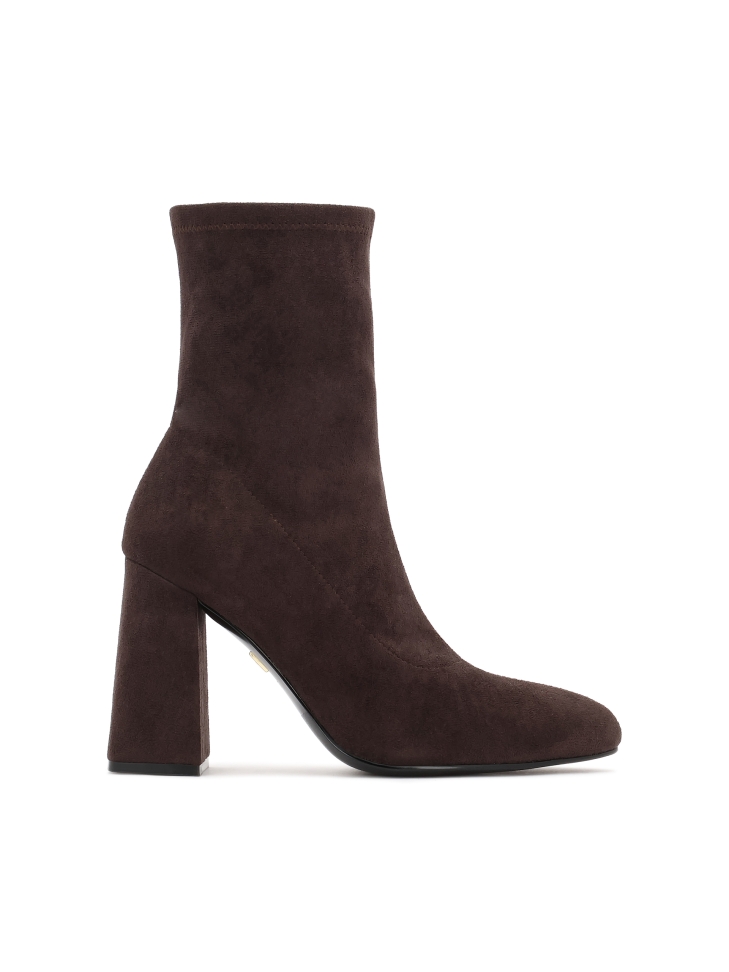 Brown fabric heeled boots