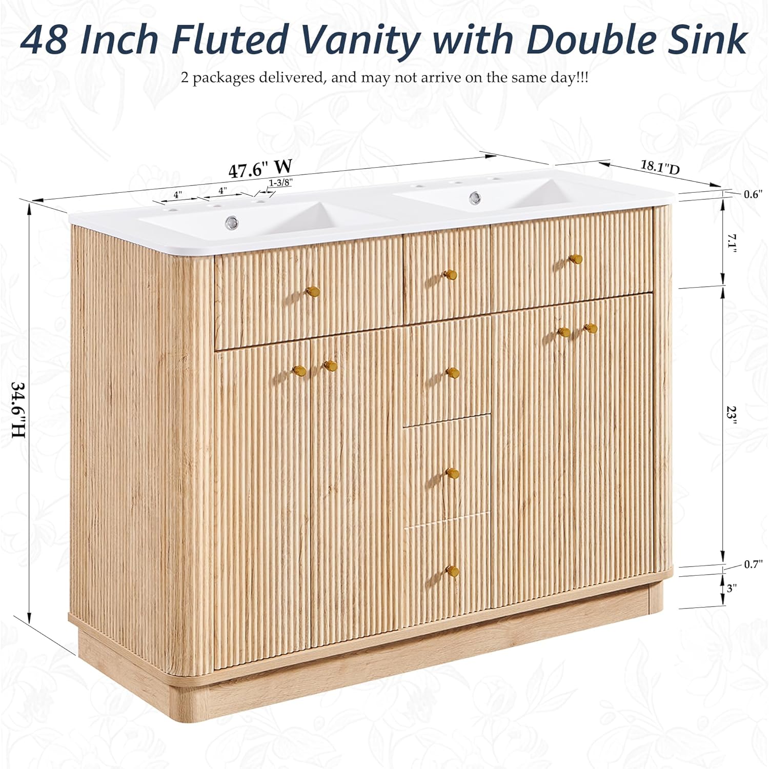 T4TREAM 48 Inch Bathroom Vanity with Sink, Modern Fluted Large Double Sink Bathroom Vanity with 2 Storage Cabinets, Adjustable Shelf, and 2 Drawers, Natural Oak