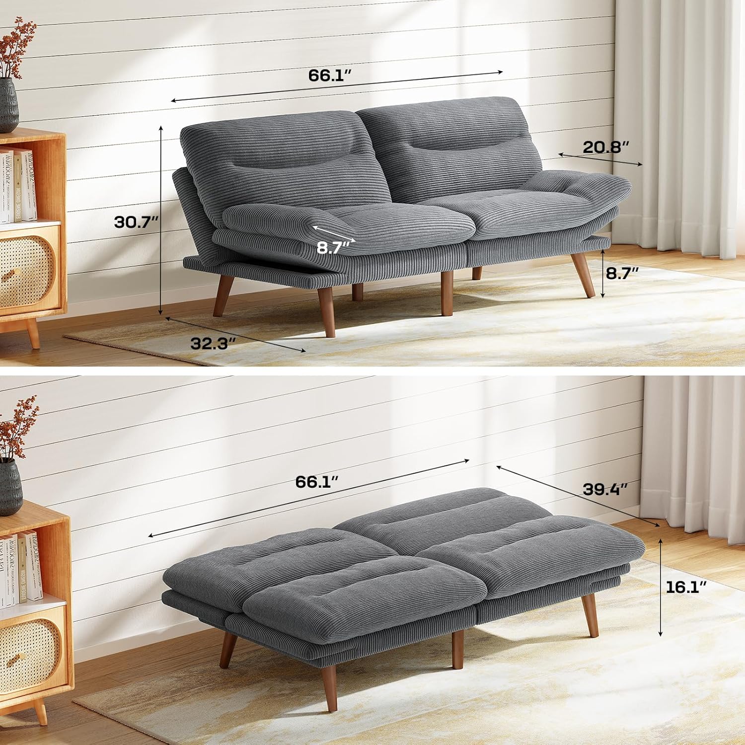Marsail 66 Futon Sofa Bed, Convertible Corduroy Futon Couch with Adjustable Backrest & Armrests, Small Sleeper Sofa Loveseat for Living Room, Apartment, Office, Grey