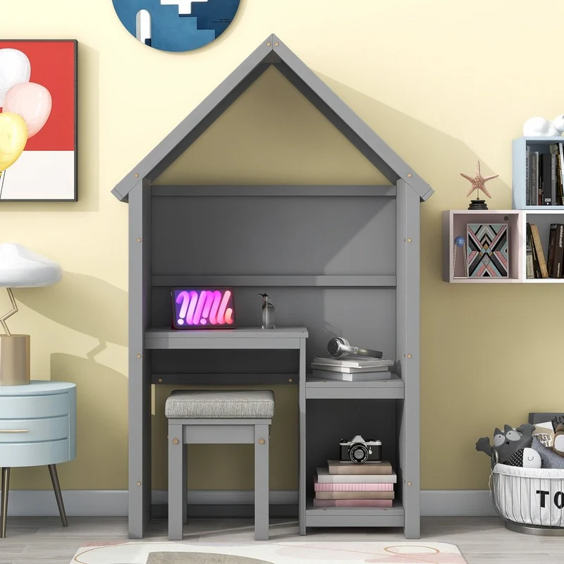 House-Shaped Desk with a Cushion Stool For Kids