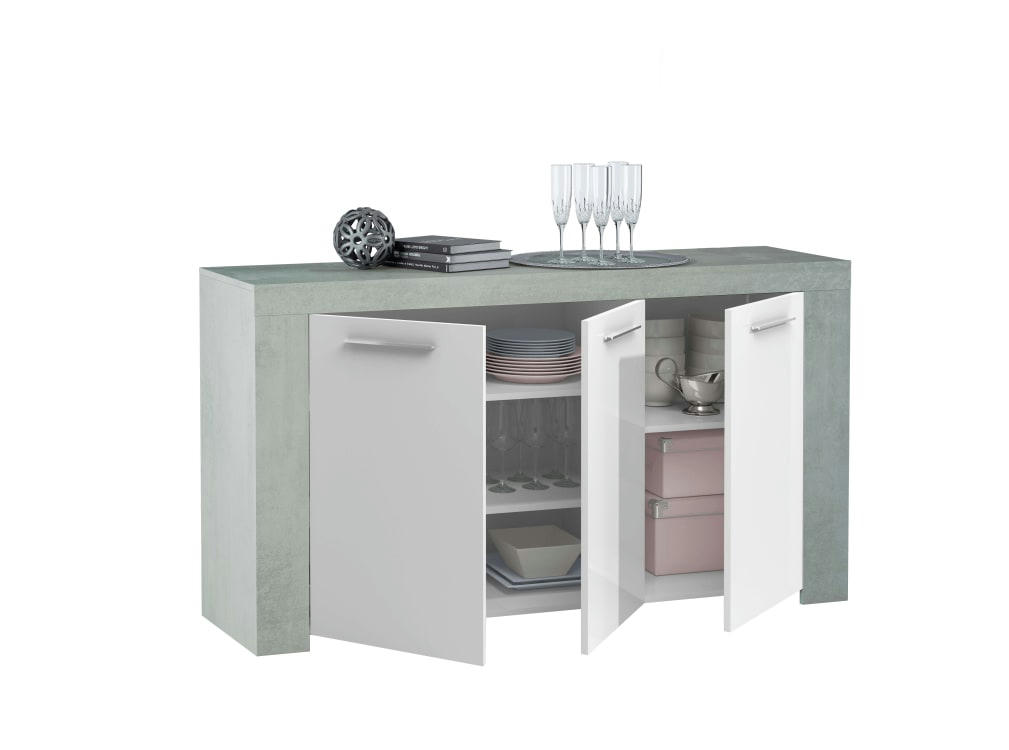 WENDY - Buffet blanc/béton 3 portes L144cm