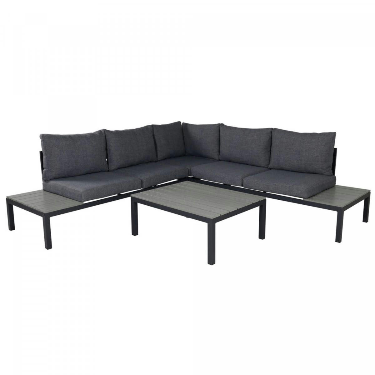 TORPE - Salon de jardin canapé + table basse en métal et tissu gris foncé