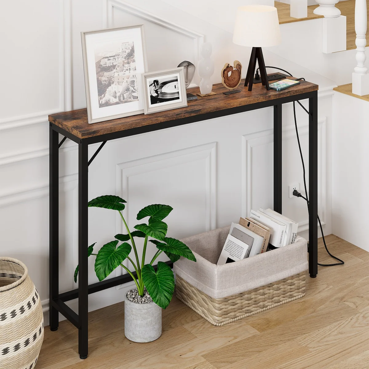Console Table with Power Outlets & USB Ports, Narrow Sofa Table with Charging Station