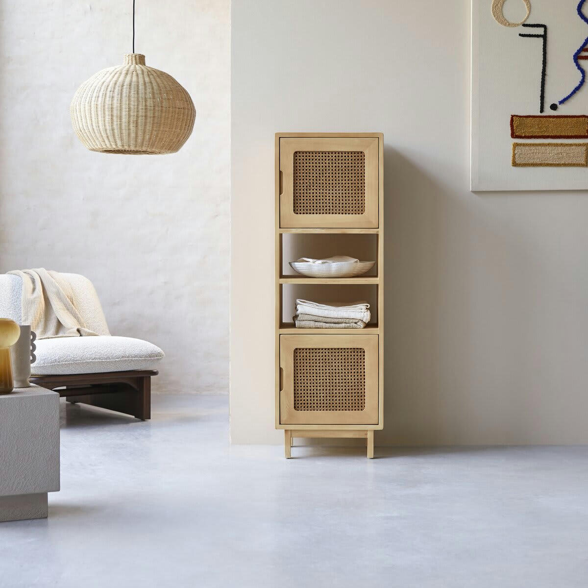 LUIS - Colonne haute en orme massif et cannage