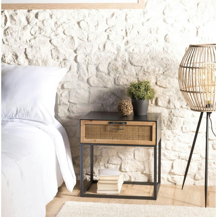 DORIANE - Chevet en métal noir 1 tiroir cannage couleur naturelle