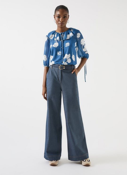 Rumi China Blue & Birch Frill Collar Block Print Blouse