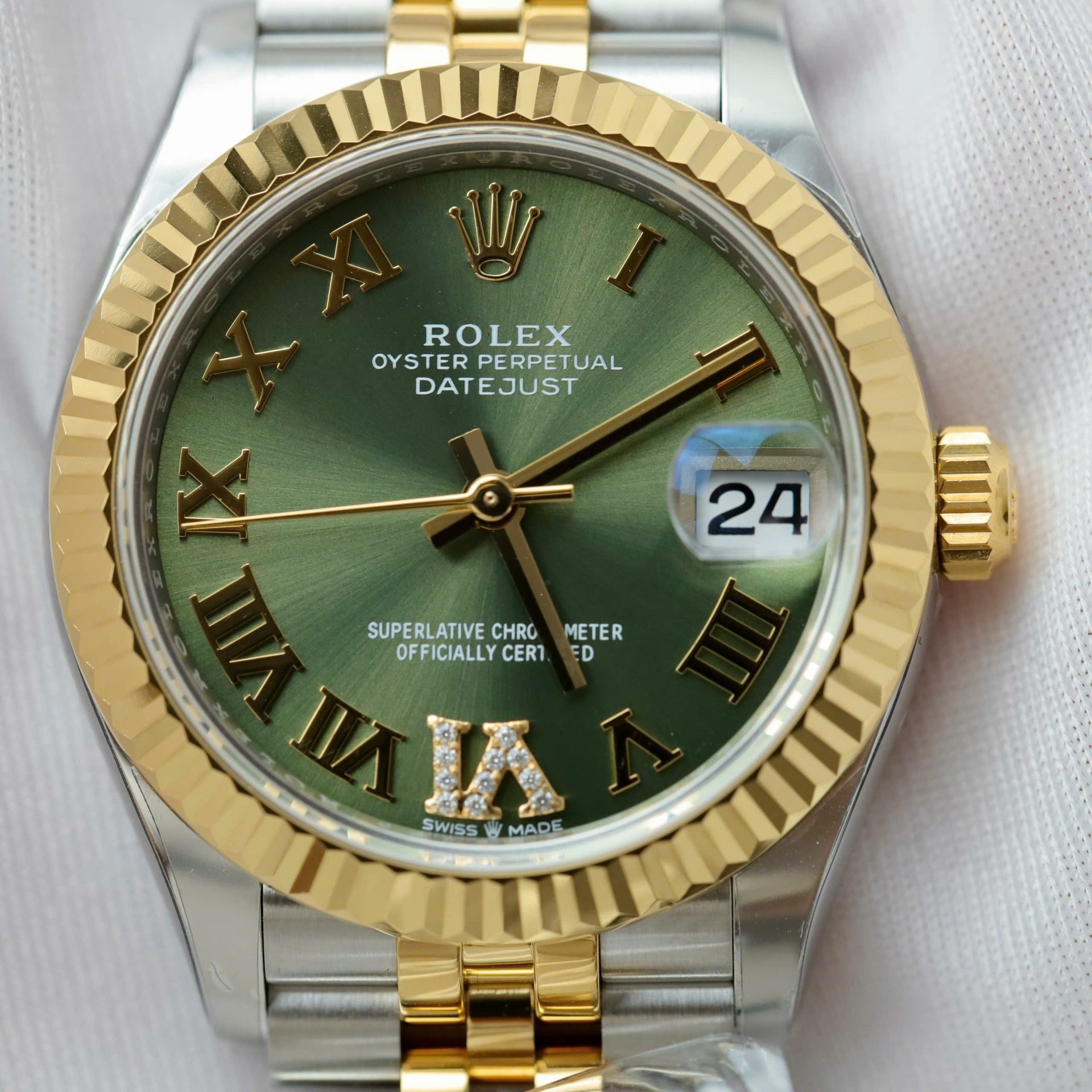 Rolex Datejust SS/YG Plated Olive Roman Dial CZ Diamonds 31mm Jub Replica