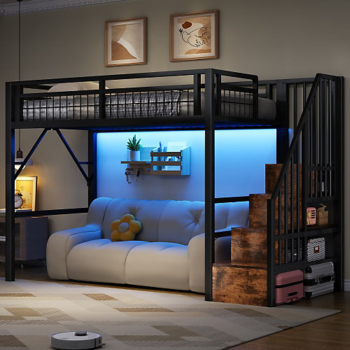 Lit mezzanine 90 x 200 cm - Structure en fer - éclairage LED - Escalier - Noir (matelas non inclus)