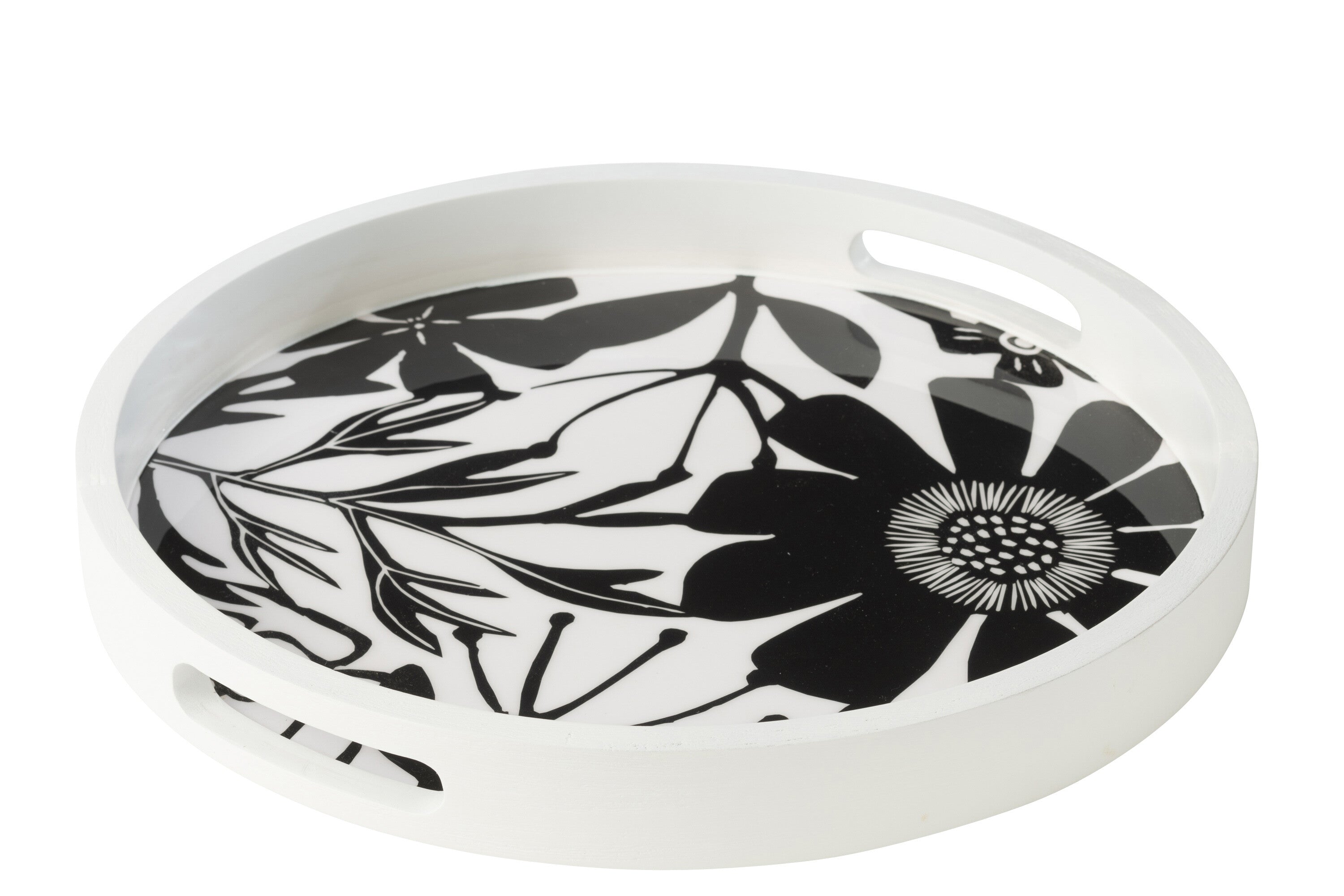 J-Line plateau Rond met Handvaten Bloemen - hout - zwart/wit