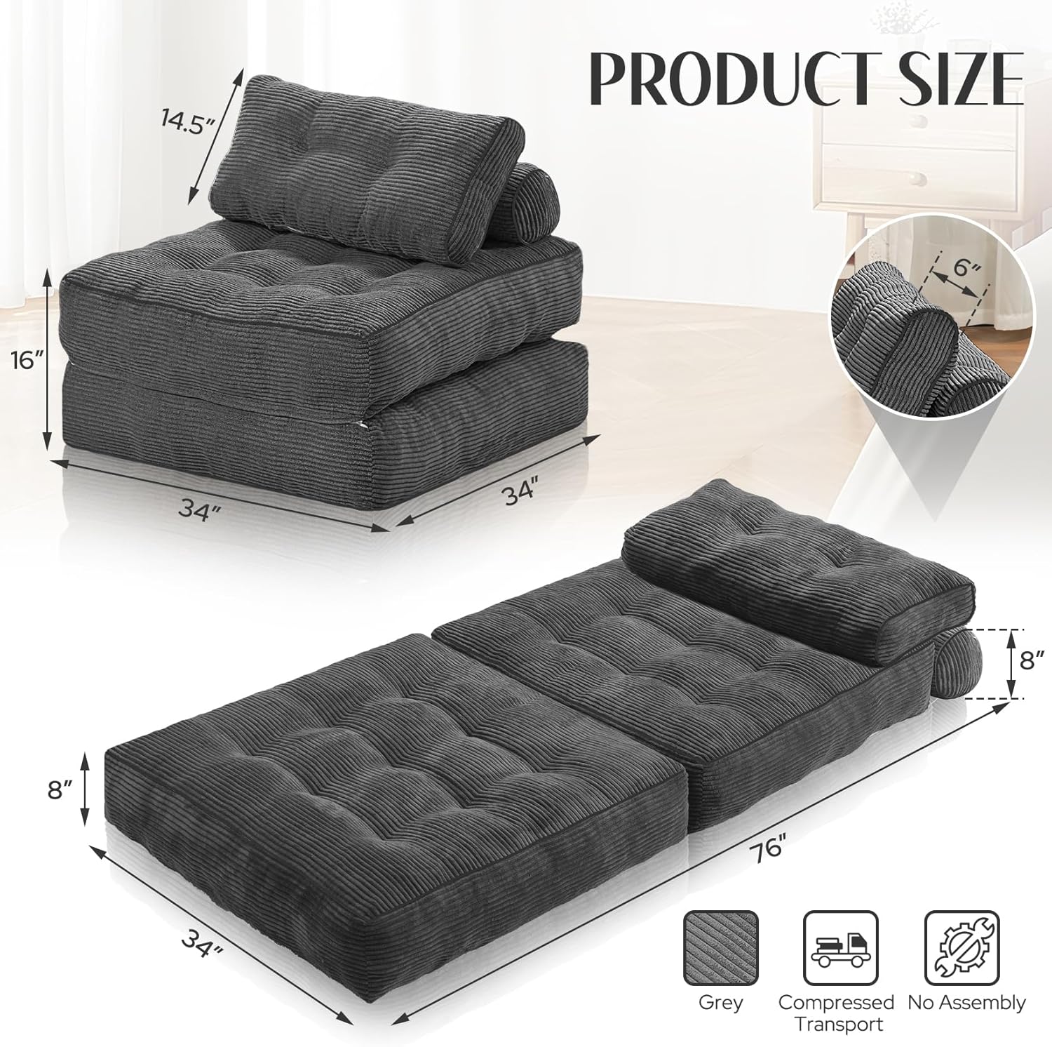 HABUTWAY Folding Sofa Bed, Convertible Sleeper Chair Bed w/Dual-Pillow & Handle, Foldable Floor Sofa Lounge w/Back Support for Living Room, Bedroom, Apartment, Office, Single, Grey