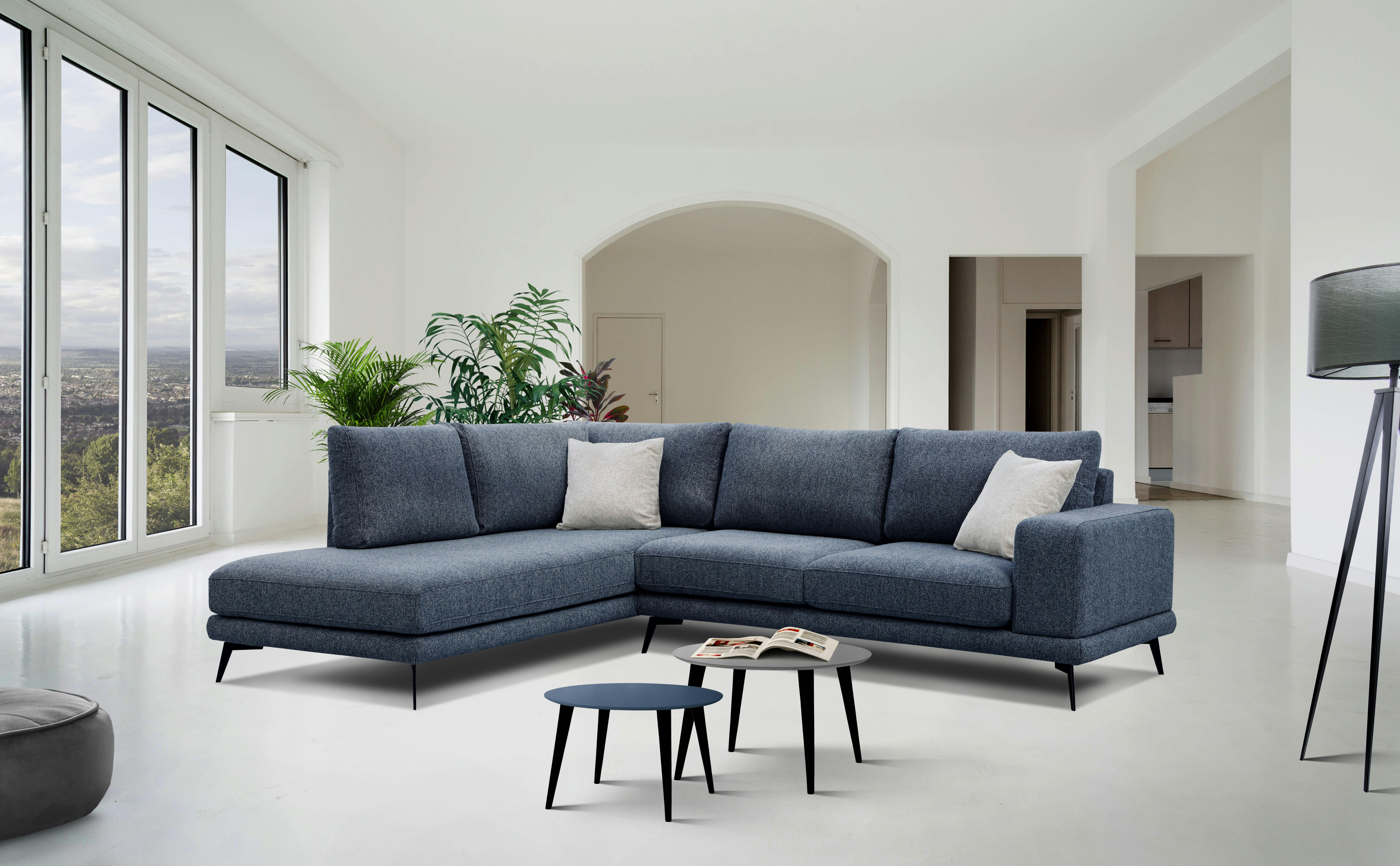 MEDIOLANE - Canapé d'angle gauche 5 places tissu bleu foncé