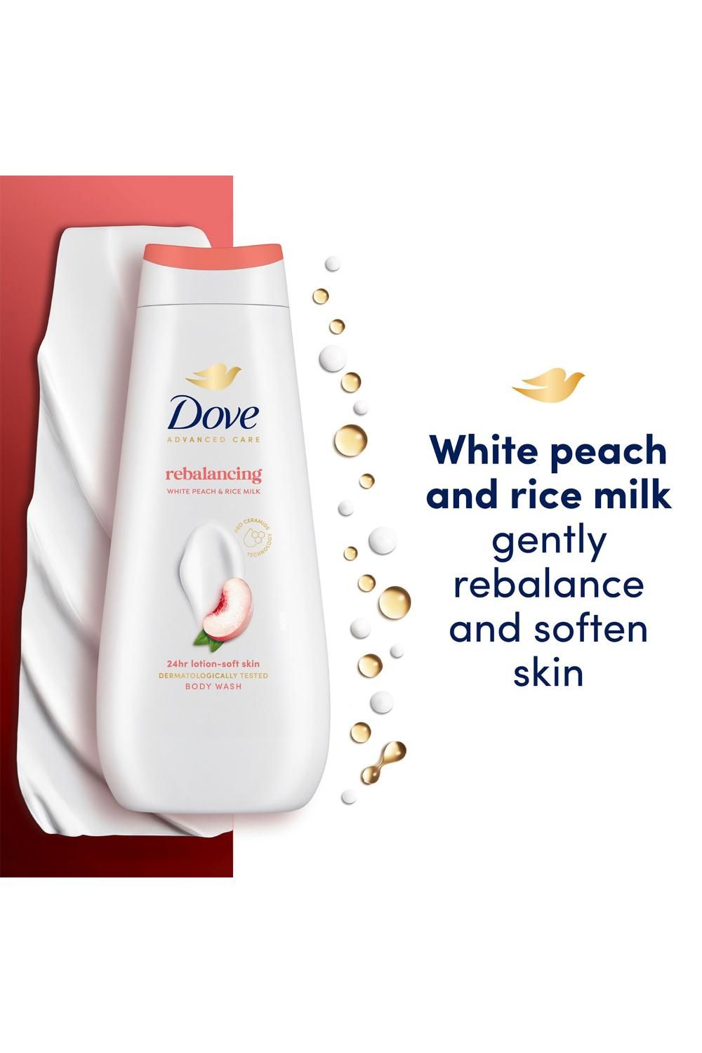 Dove Advanced Care Rebalancing Peach& Rice Milk Body Wash 400ml,6pk