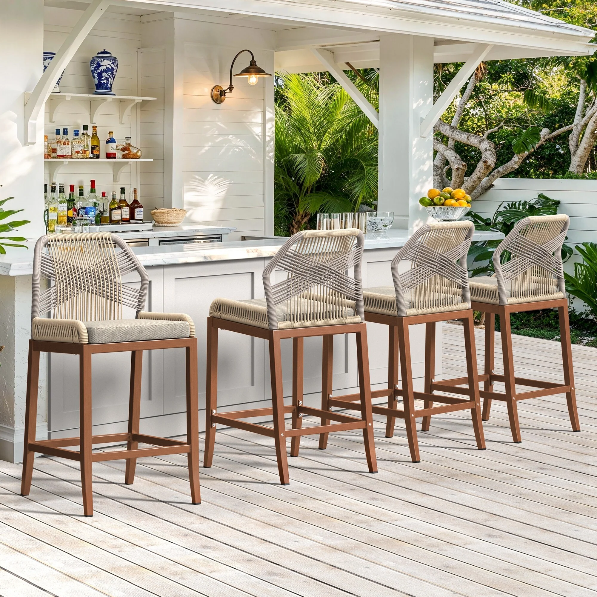 Modern Aluminum Twill Woven Outdoor Bar Stool, Counter Height Chair with Back and Cushion - 40.6H