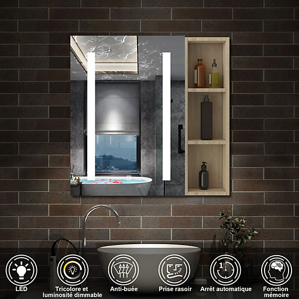 Armoire de toilette avec Miroir LED et étagère Latérale, Anti-Buée, éclairage 3 Couleurs   Prise, Chêne 60x70 cm