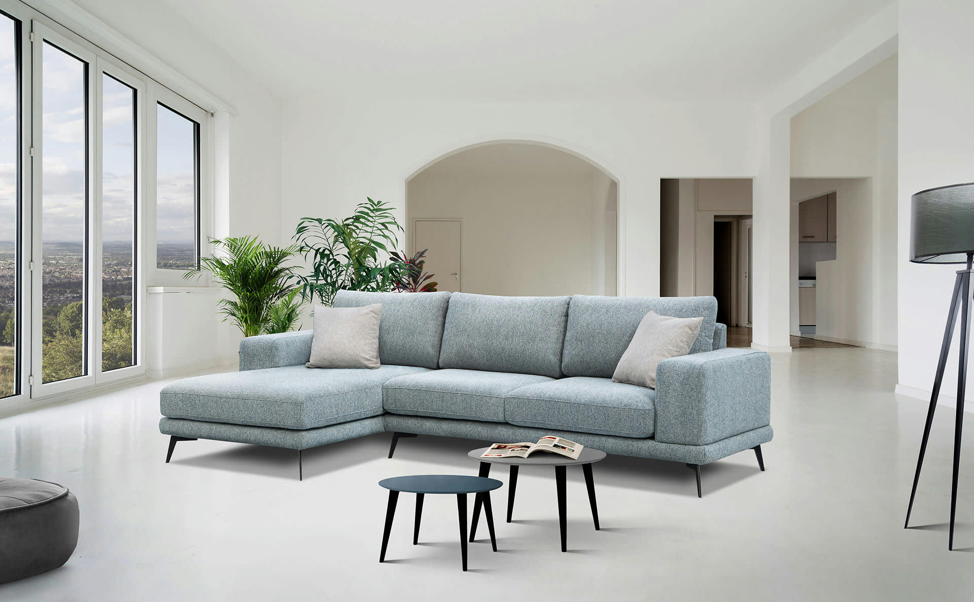 MEDIOLANE - Canapé d'angle gauche 4 places tissu bleu clair