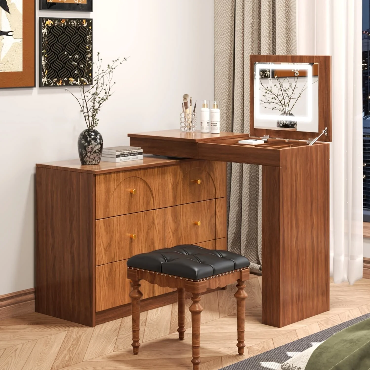 Vanity Desk Dresser Table with Flip-Top Lighted Mirror and 7 Drawers