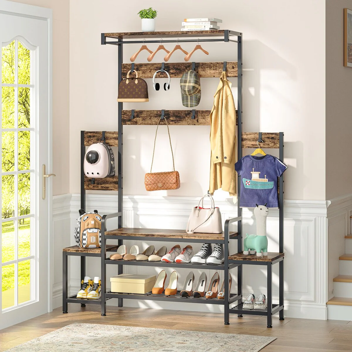 Hall Tree with Bench and Shoe Storage, Coat Racks Free Standing, 5-in-1 Hall Tree with Hanging Rod and Hooks (Rustic Brown)