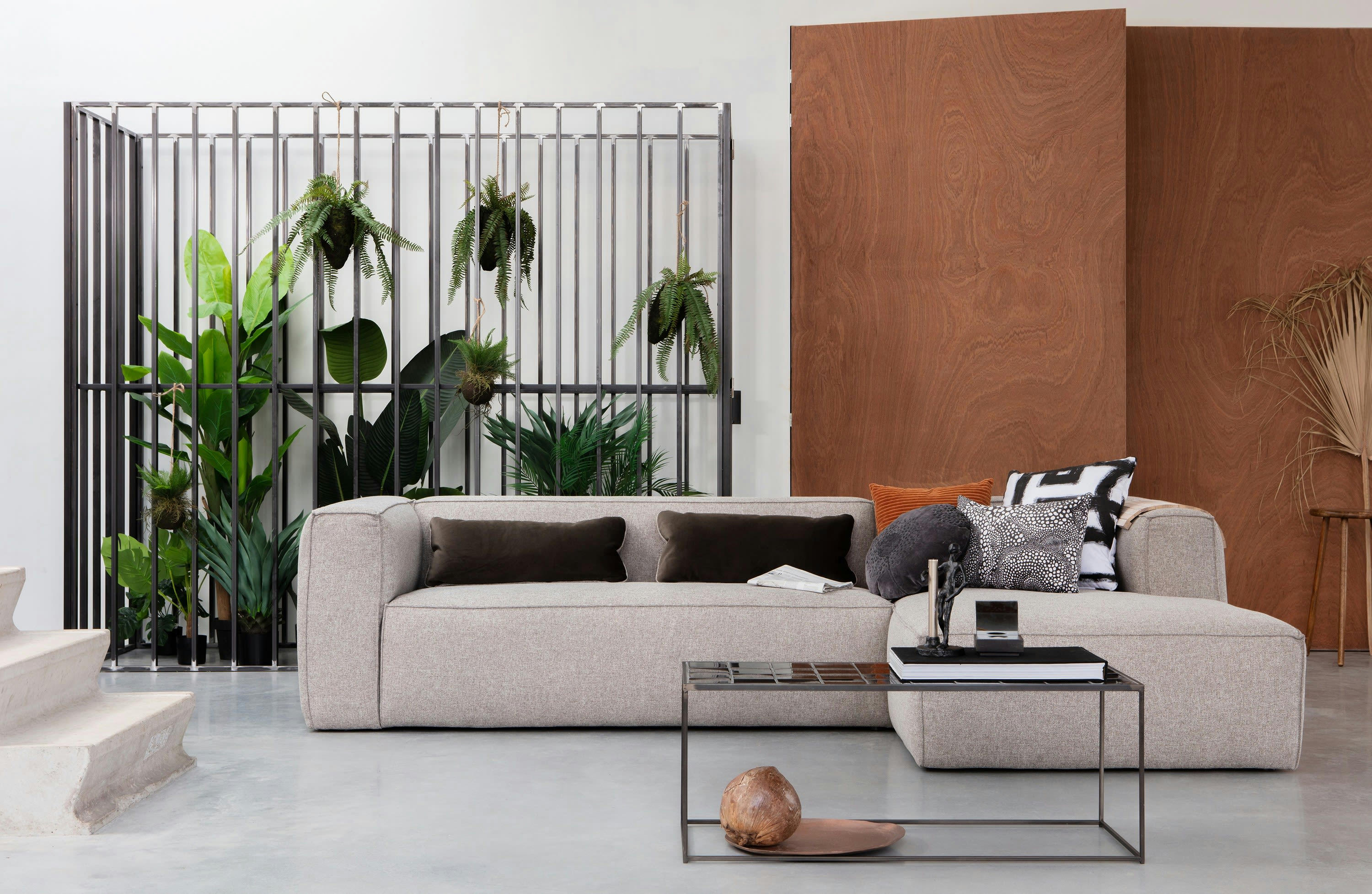 BEAN - Canapé 3 places d'angle droit en tissu gris clair