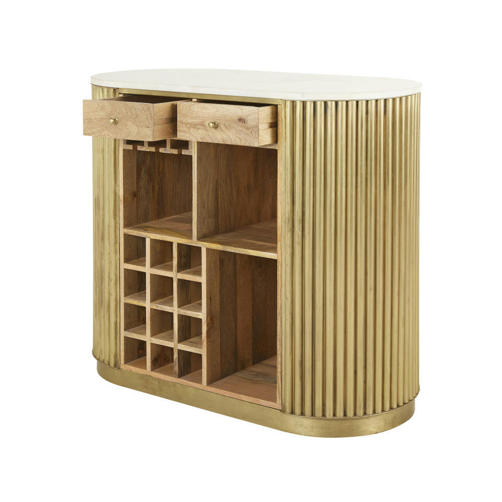 Louxor - Bar en métal ondulé 2 tiroirs coloris laiton et marbre blanc