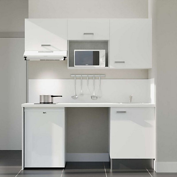 Kitchenette K55 façades Blanc - Plan de travail Blanc - Crédences : Oui - Evier inox - Electroménager Blanc inclus