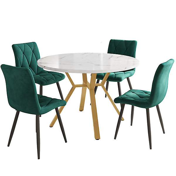 Ensemble Table et Chaises - Table Ronde et 4 Chaises Velours, Salle à Manger Moderne, Blanc et Vert