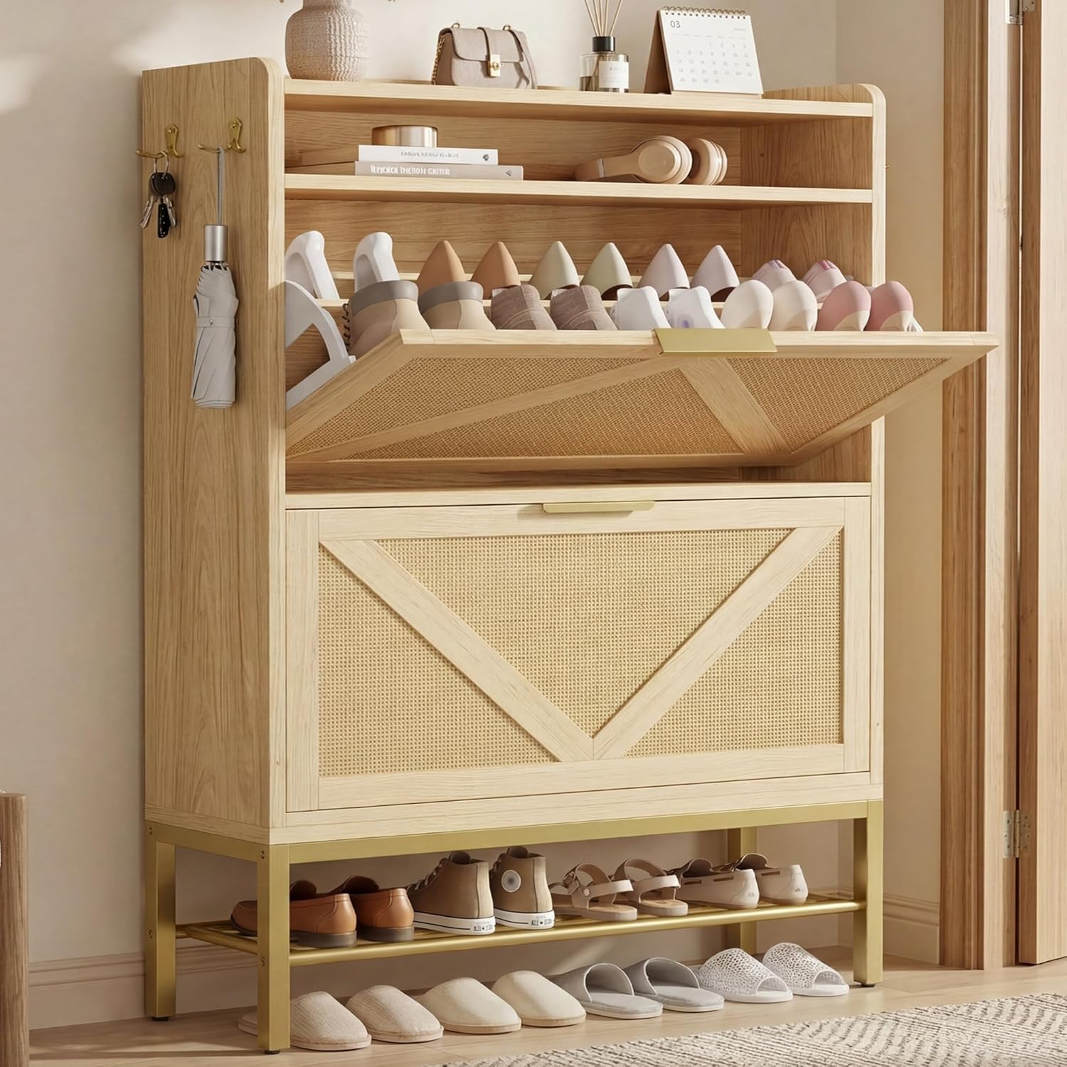 IRONCK Shoe Cabinet with 2 Flip Drawers, 48.3 H x 34.2 W x 10.2 D, Rattan Shoe Storage Organizer Cabinet with 4 Side Hooks, Free Standing Narrow Shoe Rack Cabinet for Entryway, Natural Oak