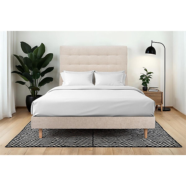 Lit avec tête de lit capitonnée tissu et sommier kit- Lit en bois massif