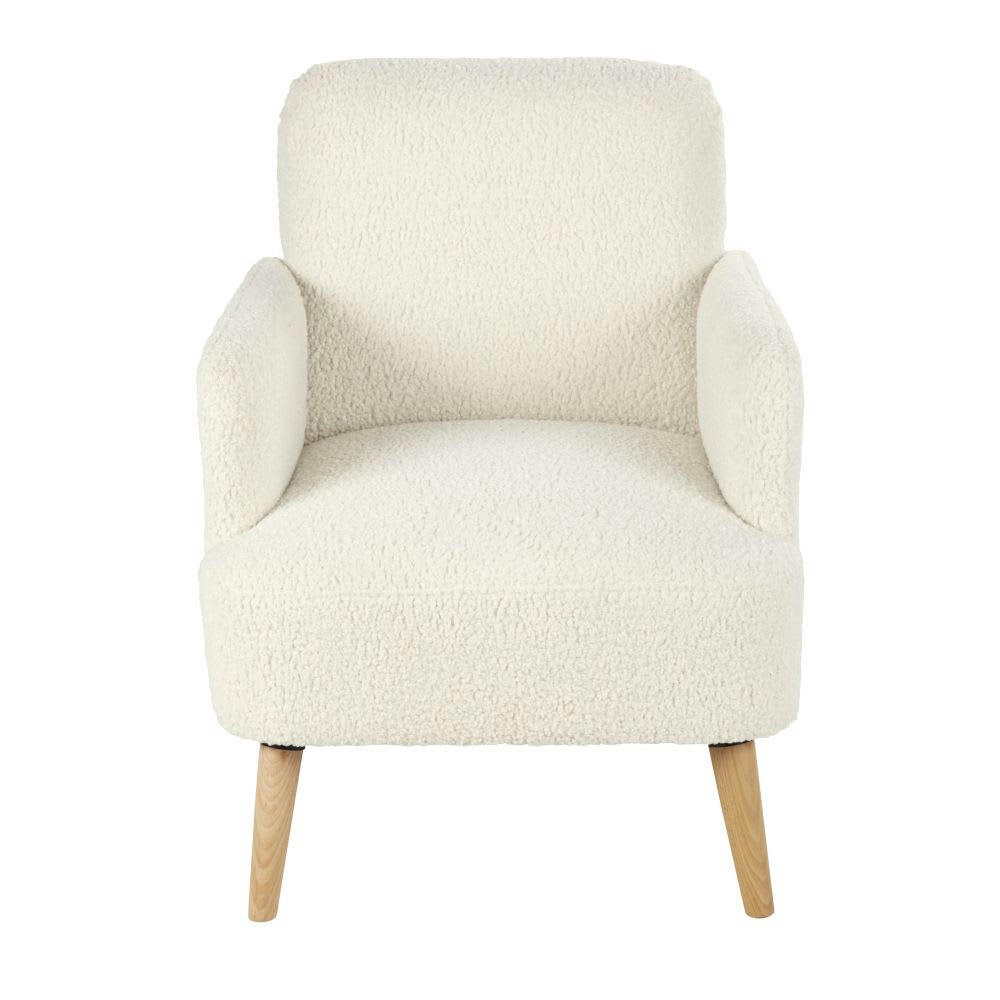 Honey - Fauteuil à bouclettes blanches et pieds en bois de hêtre