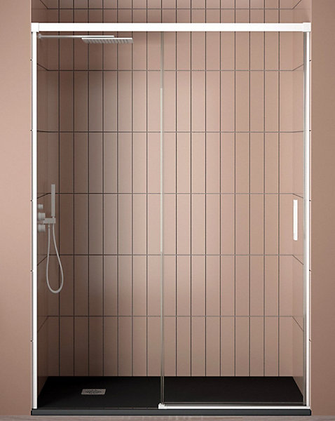 Paroi de douche coulissante 1 porte 1 fixe 1 porte170 cm (Adaptable 164-169cm)Verre 6 mm clair anti-calcaireProfil Blanc
