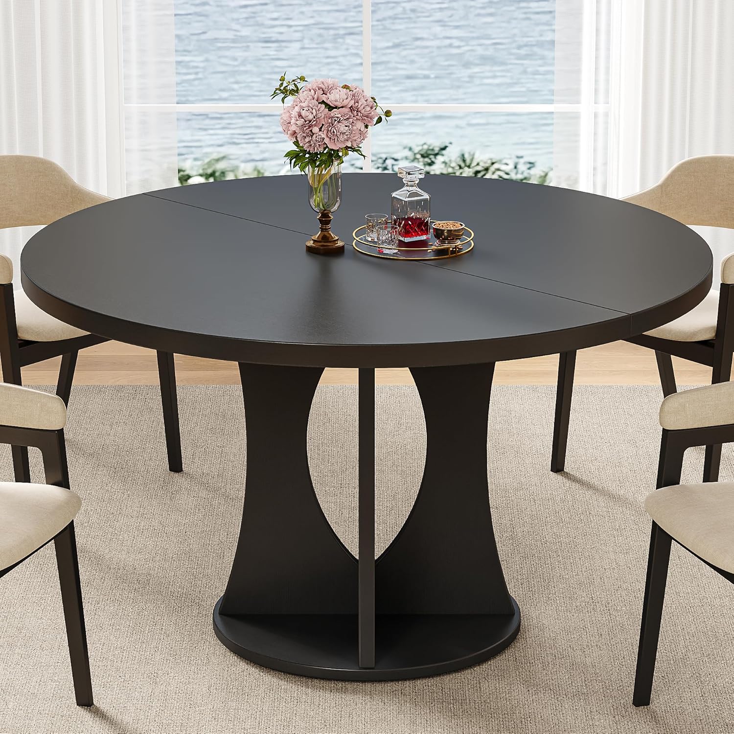 iPormis 47 Inch Round Dining Table for 4-6 People, Wooden Dining Room Table with Pedestal Base, Modern Kitchen Table for Small Spaces, Black, Table Only