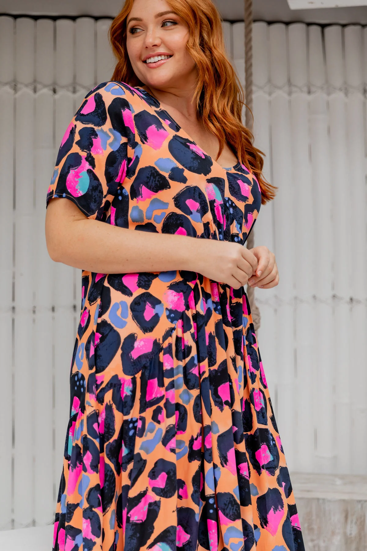 Peak Midi Dress in Sherbie - Peach Leopard by Kasey Rainbow