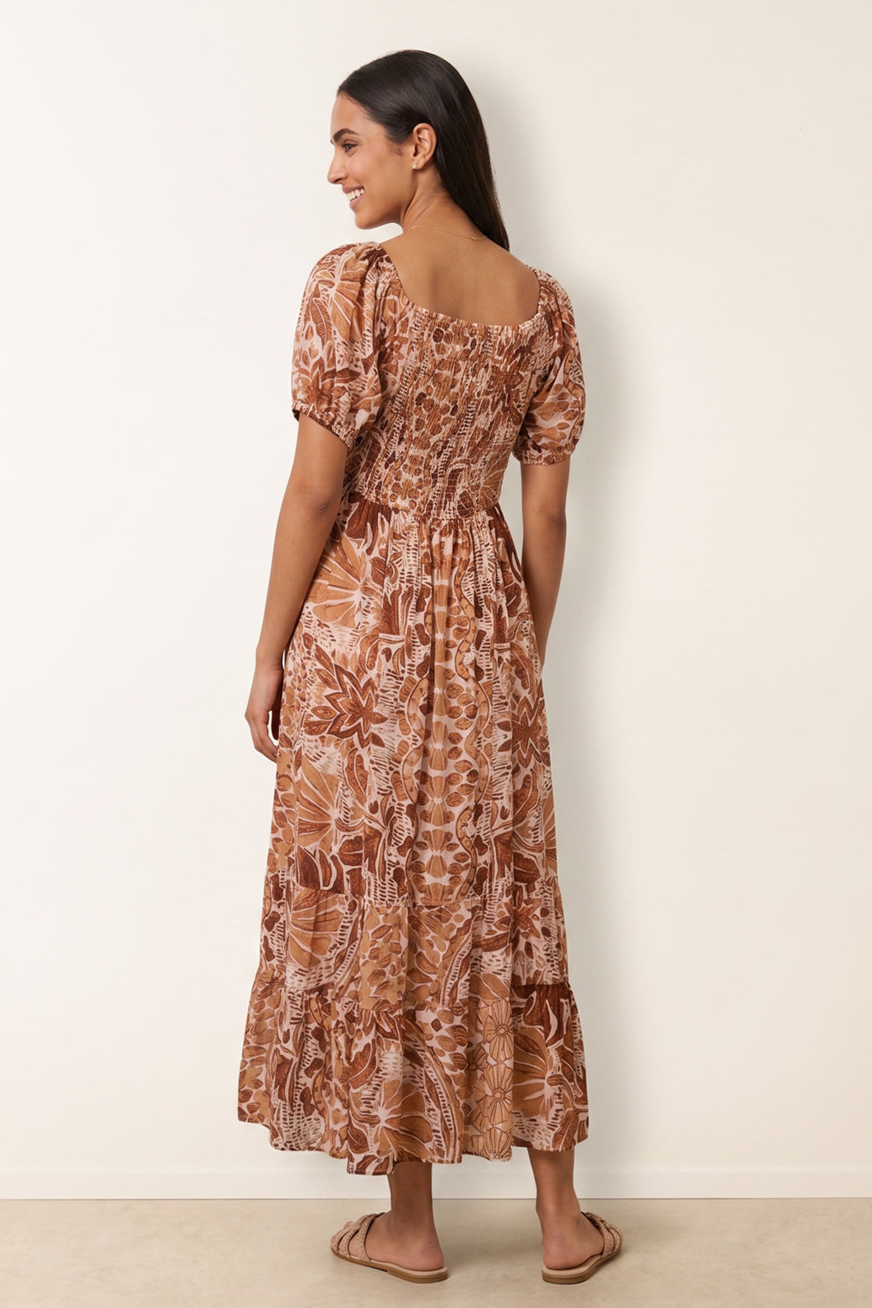 Blue Vanilla Brown Tie Front Shirred Midi Dress