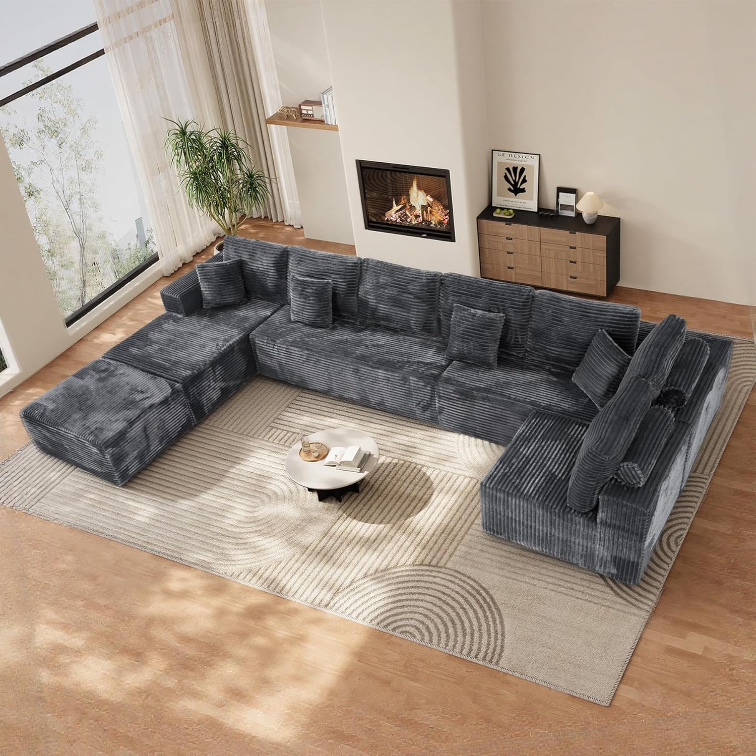 177'' Cloud Couch, Comfy Fluffy Oversized Modular Sectional Couches for Living Room, 8 Seater Modern Plush Corduroy Large Boneless Couch with Ottoman, Deep Seat, No Assembly Required, Dark Grey