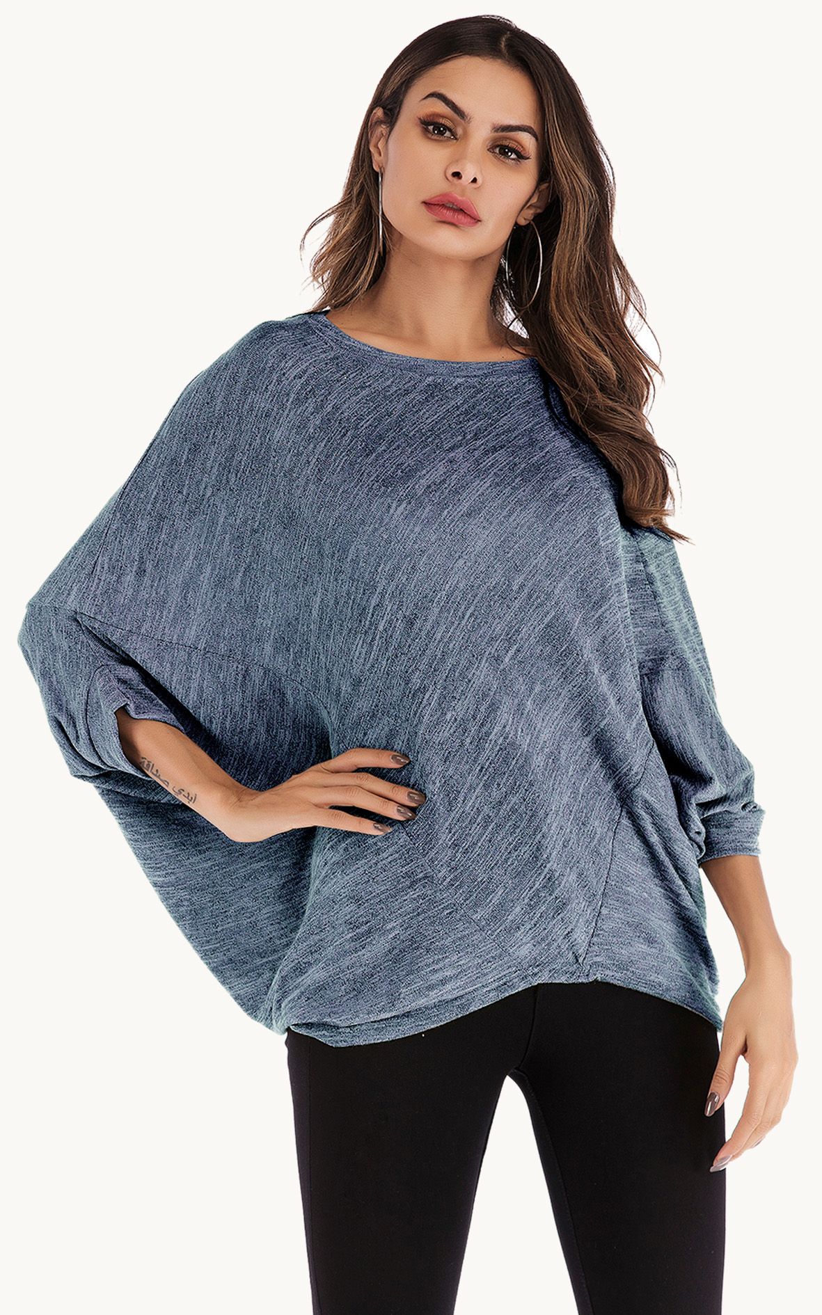 FS Collection Oversized Jersey 3/4 Sleeves Top In Blue