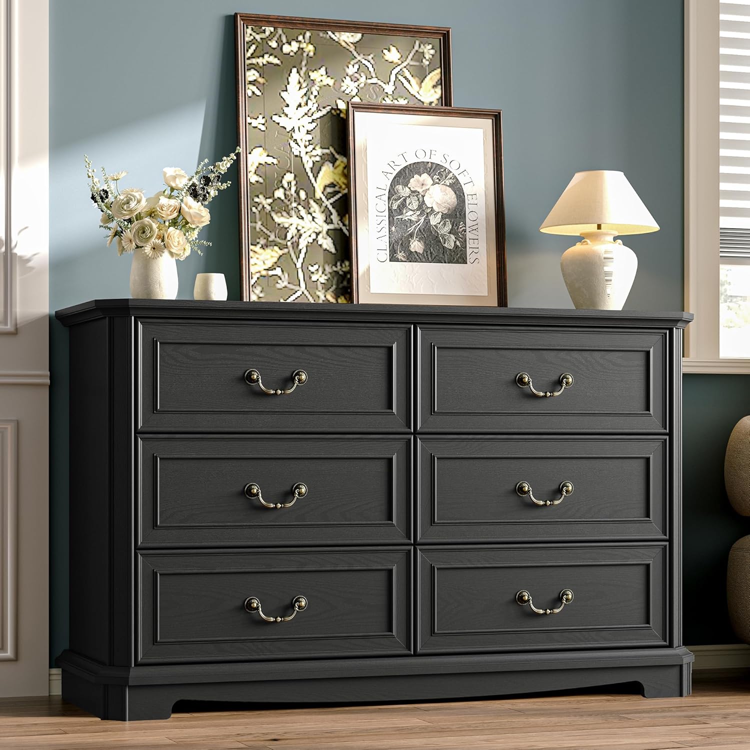 Farmhouse Dresser for Bedroom with 6 Drawer, 48 Wide Rustic Chest of Drawers with Metal Handle, Wood Vintage Dresser TV Stand, Wooden Closet Storage Dressers Organizer for Living Room, Hallway, Black
