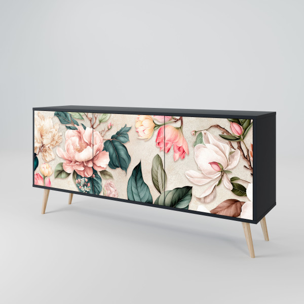 FLORAL GRACE Komoda 3 drzwi Czarna-Bukowa skośna