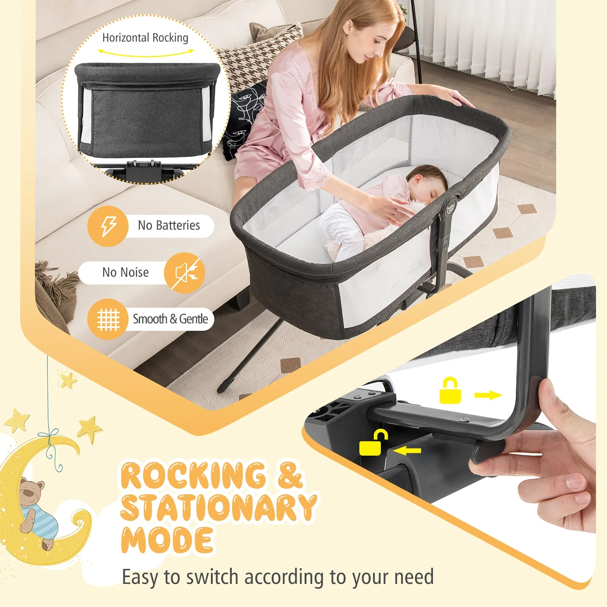 3 in 1 Rocking Bassinet & Baby Bassinet Bedside Crib Portable Bassinet