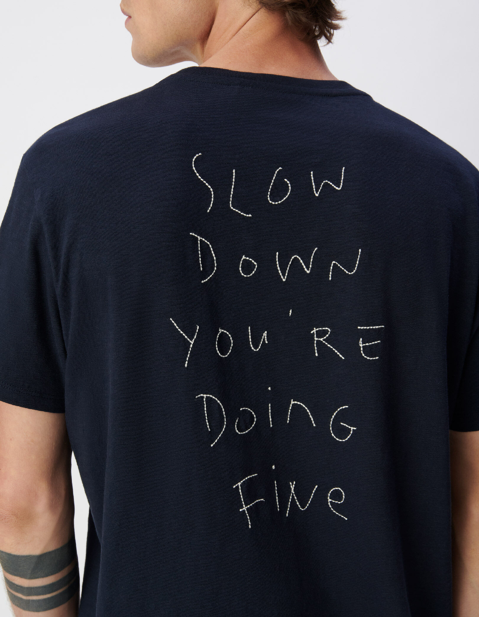 T-shirt marine flammé broderies devant dos Homme