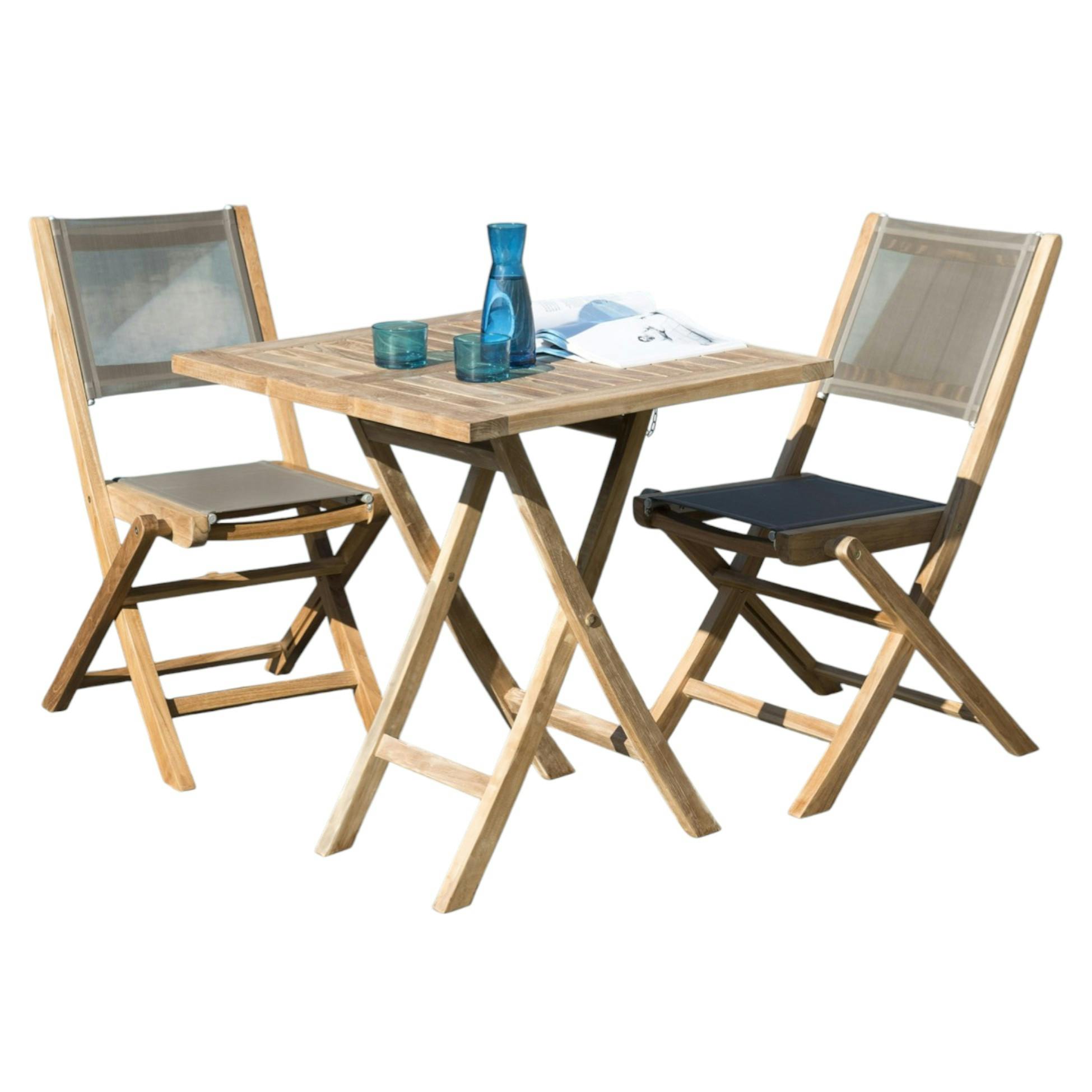 Salon de jardin en teck, 1 table carrée   2 chaises pliantes SUMMER