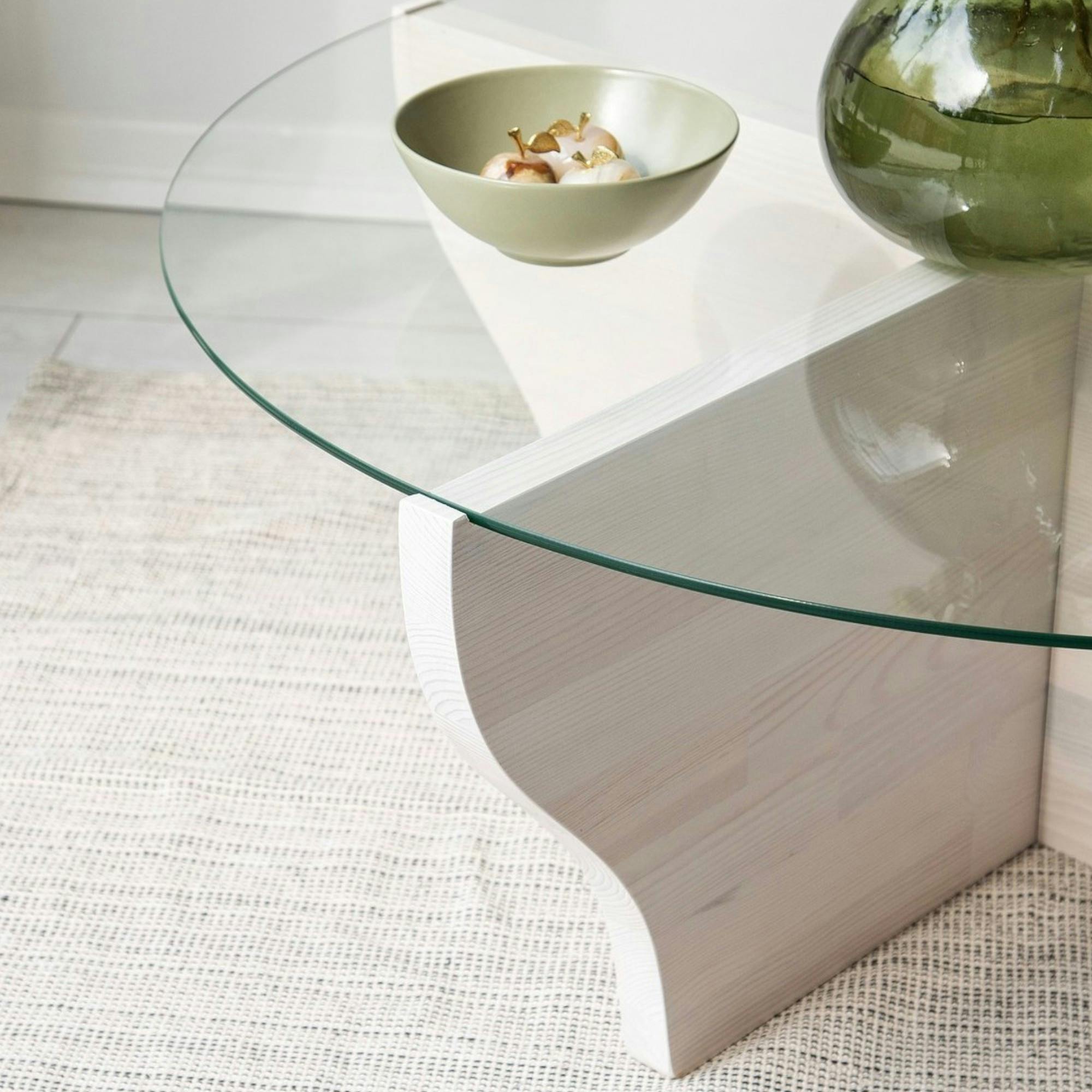 Table basse blanche en verre et bois - pied en X, ANZIO