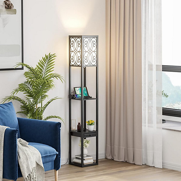 Lampadaire sur Pied à 3 Niveaux, avec Douilles E27, étagères et Tiroir de Rangement, pour Salon, Chambre, Balcon (Modèle B)