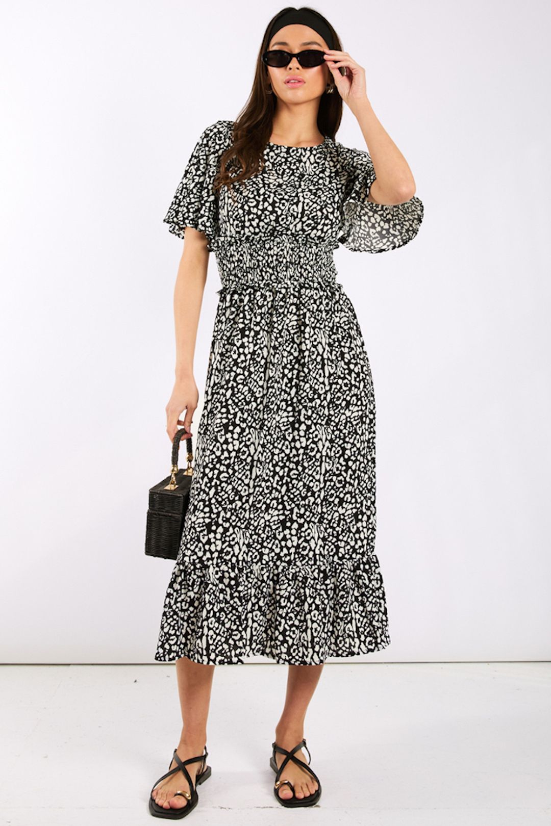Needs No Label Black Animal Smock Waisted Midi Dress