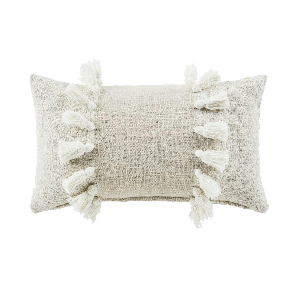 LIMANA - Coussin en coton recyclé tissé beige avec pompons 30x50