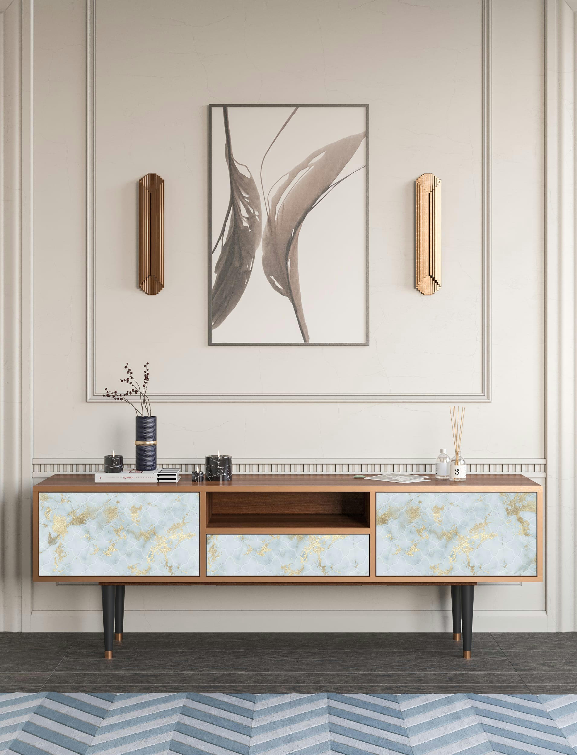 GOLDEN WAVES - Meuble TV  blanc clair 1 tiroir et 2 portes L 170 cm