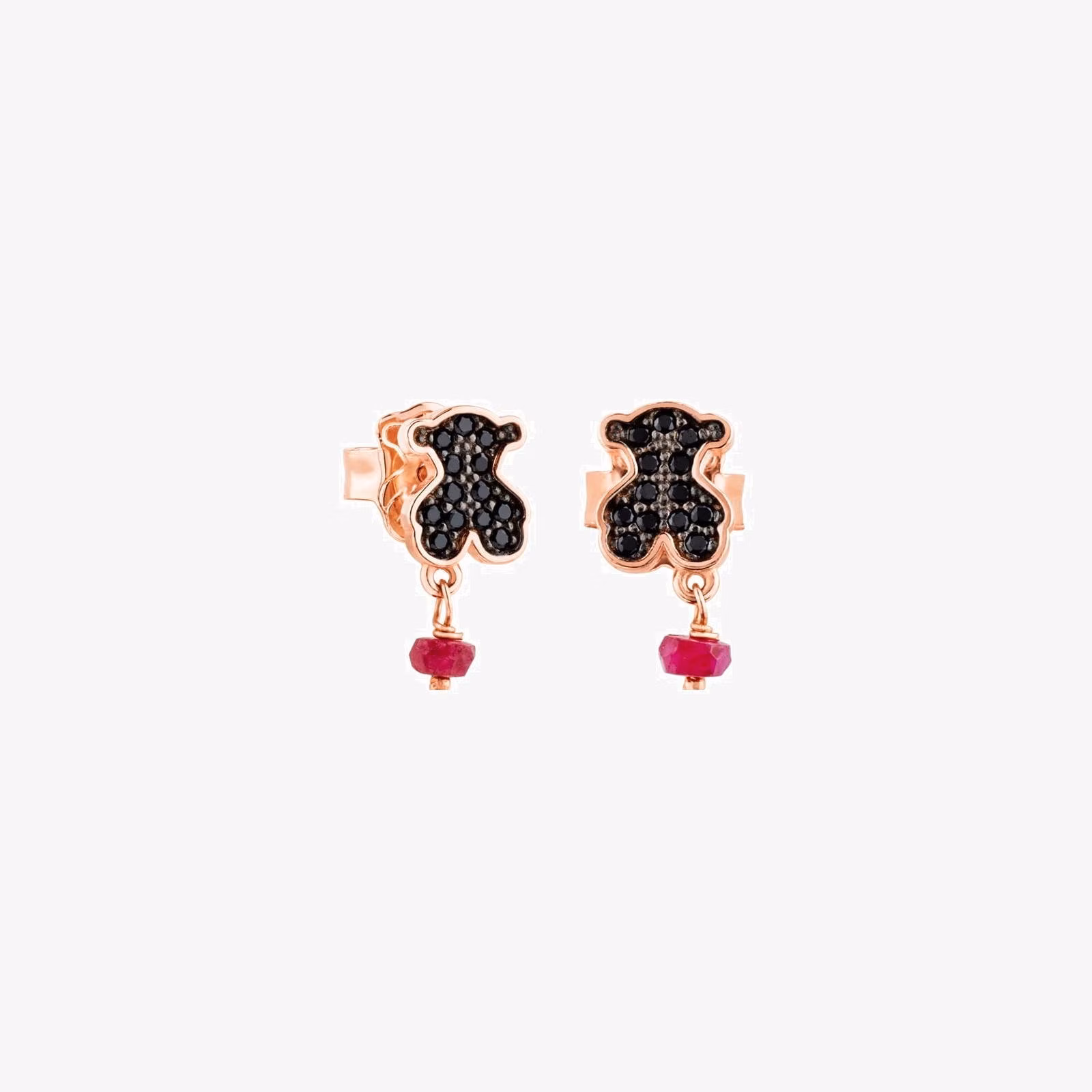 Pendientes con baño de oro rosa 18 kt sobre plata, espinelas y rubí tratado con motivo oso Motif