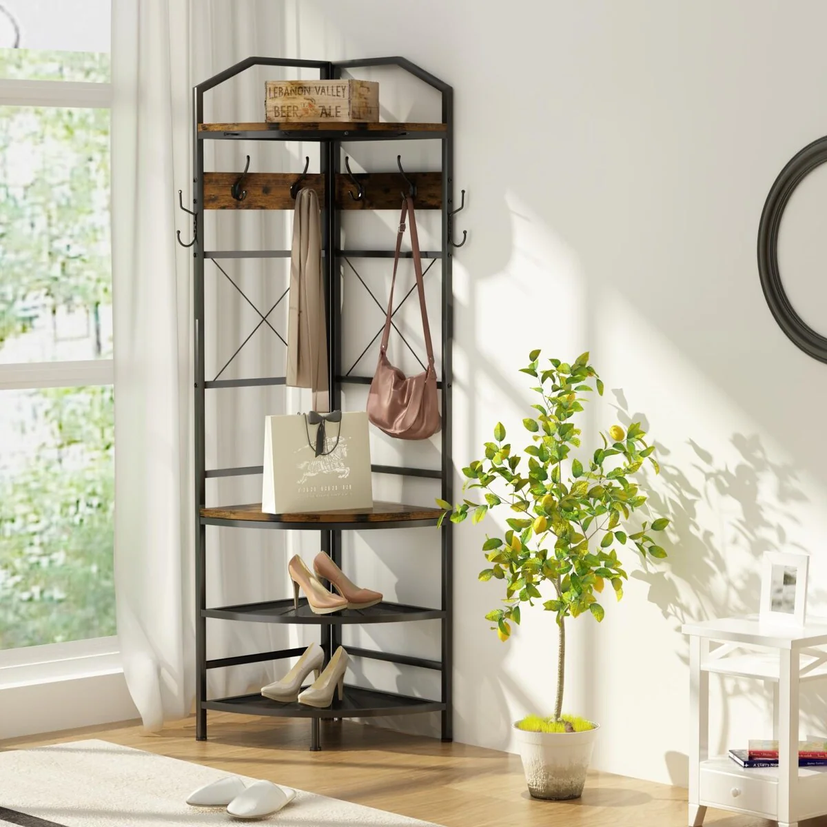 Corner Hall Tree with Shoe Storage,Entryway Coat Rack with 6 Double Hooks, Organizer Shoe Shelf for Entryway, Hallway, Bedroom